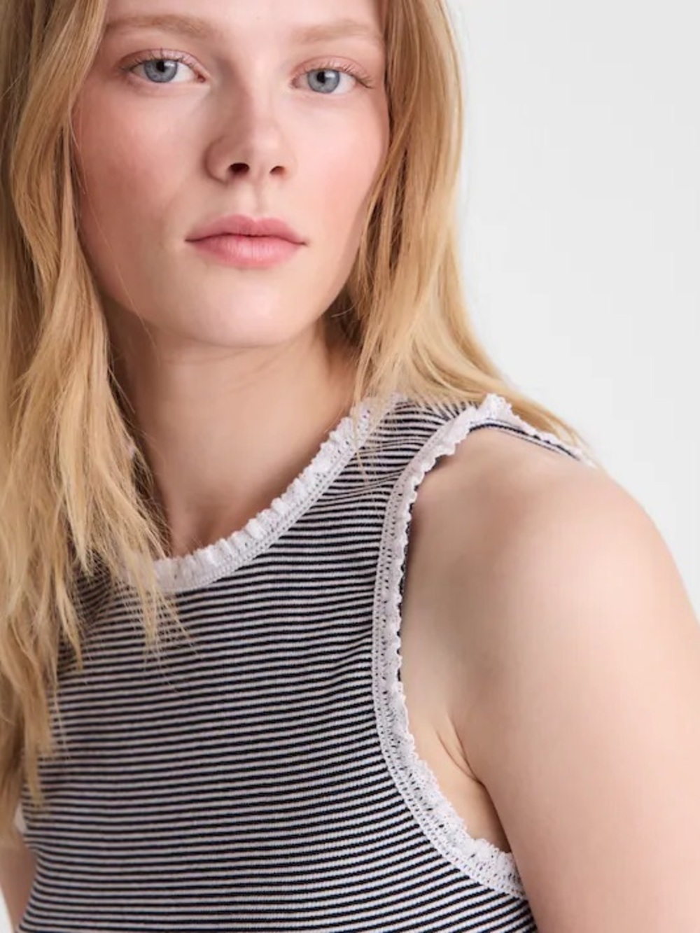 Madewell Lace-Trim Ribbed High-Neck Tank Top Black White Small Minimalist NWT